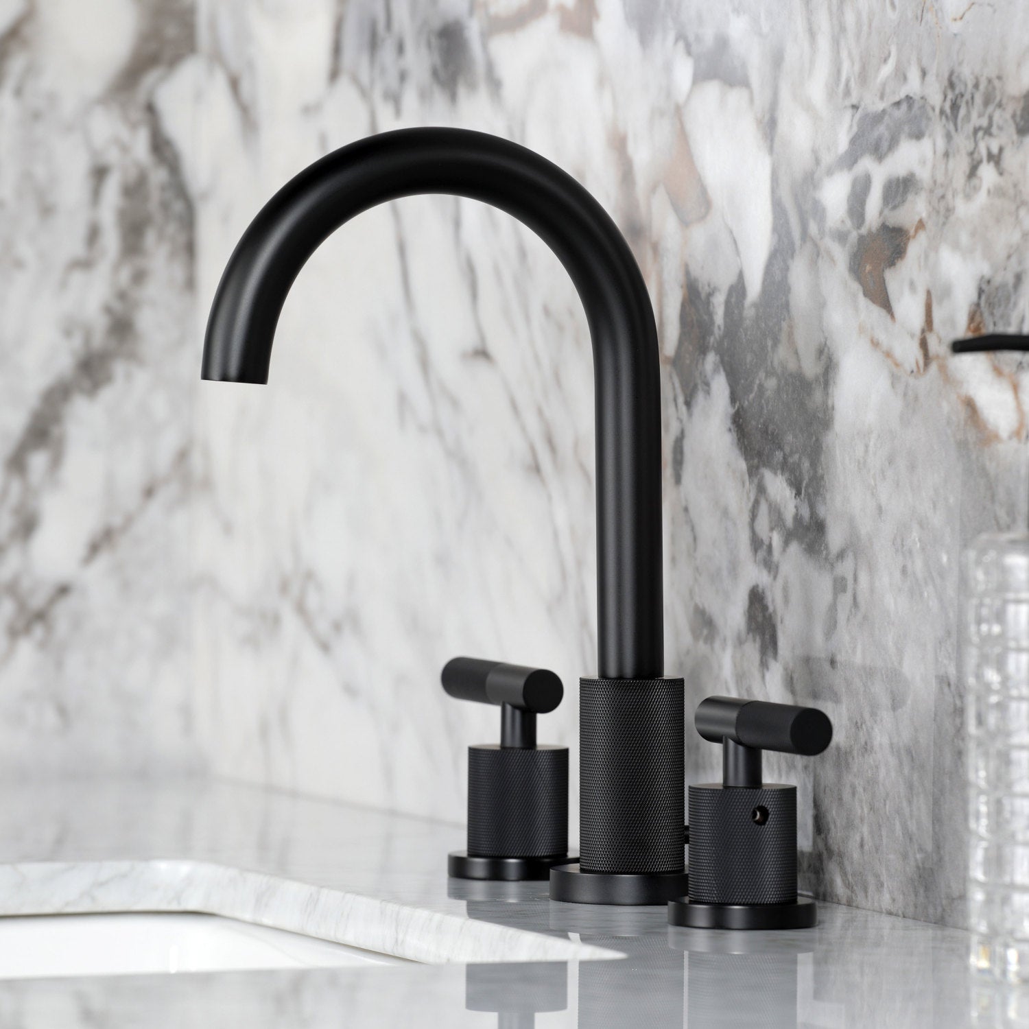 Kingston Sona FSC8920KNL - Convergent Two-Handle 3-Hole Deck Mount Widespread Bathroom Faucet with Knurled Handle and Brass Pop-Up, Matte Black — thumbnail 2